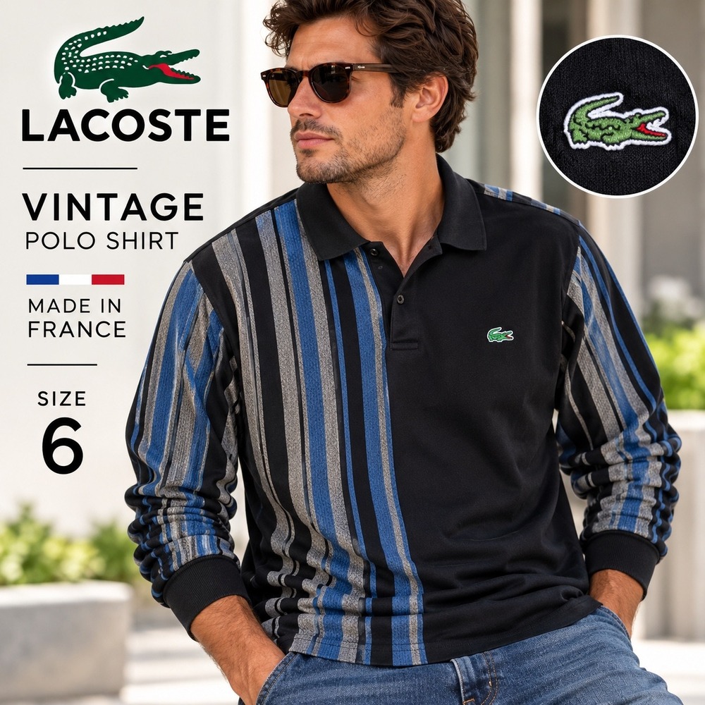 Lacoste Mens Polo Shirt Long Sleeve Size 6 XL Black Blue Stripes Made in France